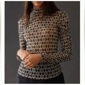 MAEVE MOCK NECK SHEER GEO FLORAL PRINT RUCHED SLEEVE TOP